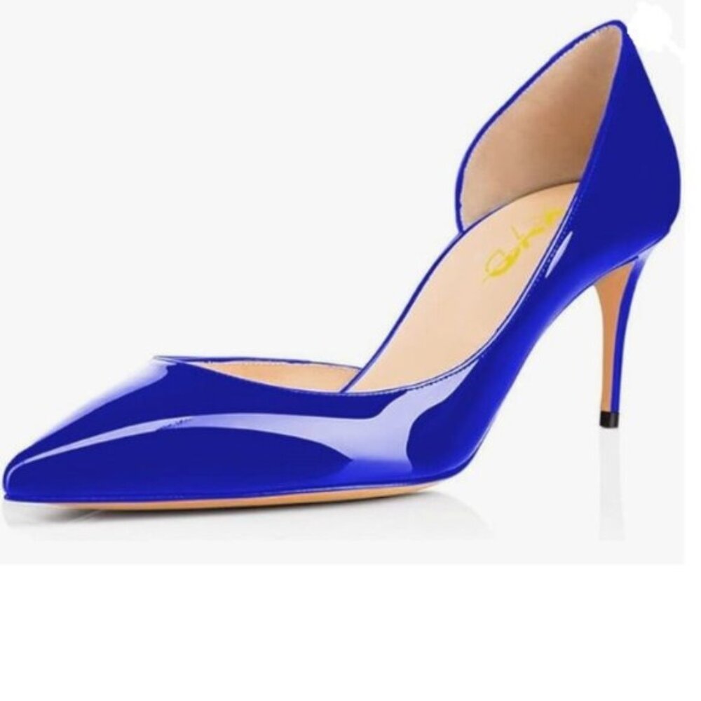 XYD Blue D'Orsay Low Heels Comfort Slip-on Pointed Toe Sexy Pumps Casual Shoes